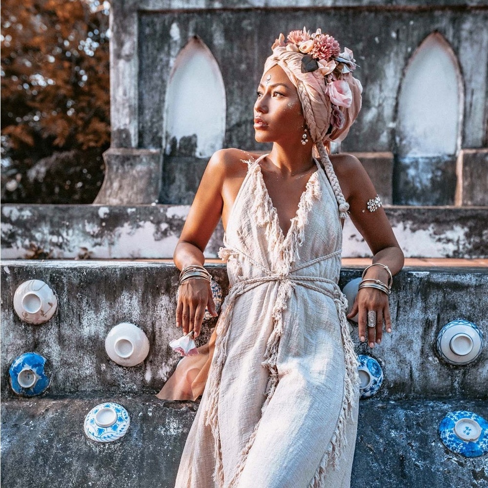 Off-White Boho Open Back Simple Dress with Hand Loomed Tassels